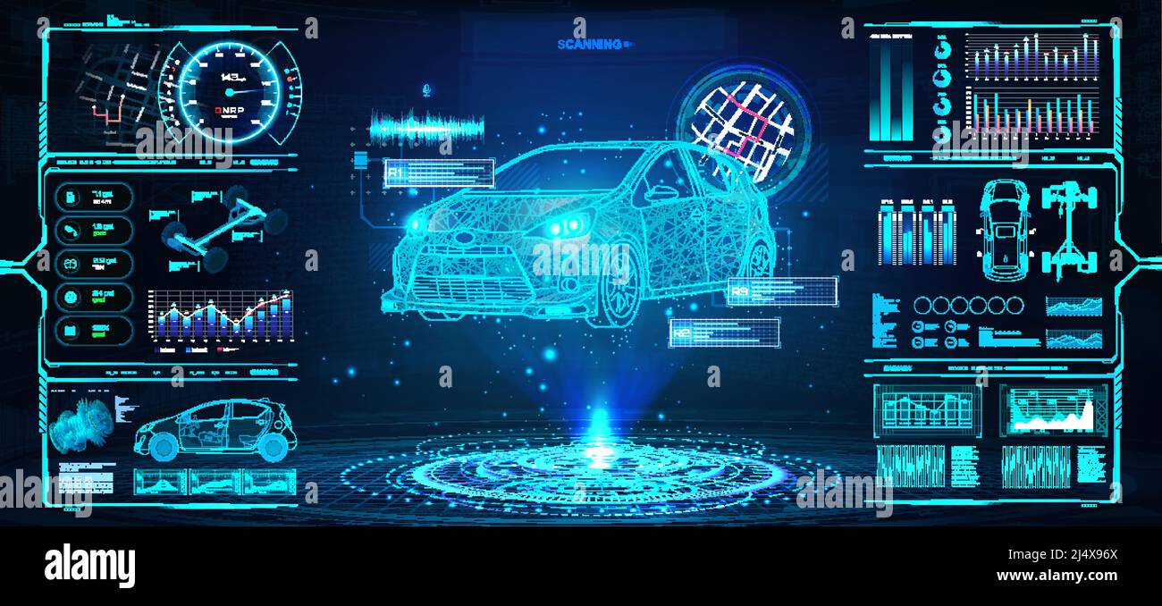 Diagnostic automatique en mode HUD. Analyse et maintenance automobile dans l'hologramme de visualisation 3D Illustration de Vecteur