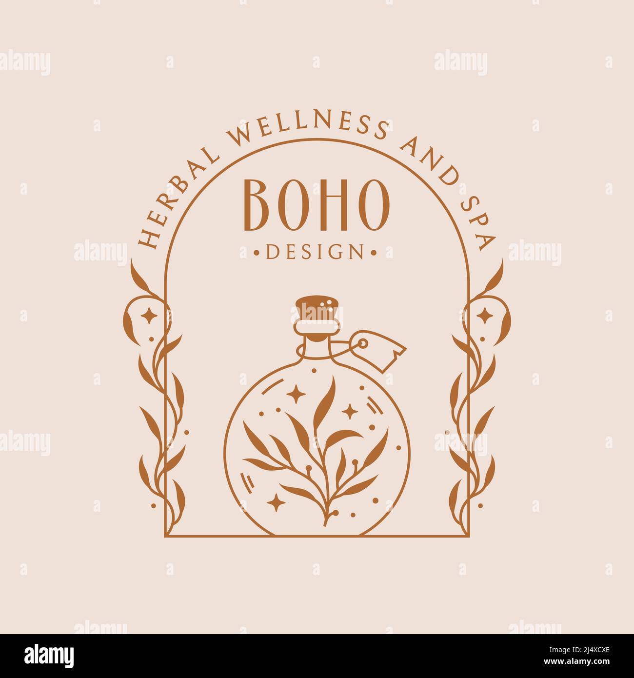 Potion logo boho avec bouteille d'élixir magique et plantes. Emblème vectoriel pour les herbes médicinales, l'aromathérapie, les huiles essentielles, les herbes médicinales, l'homéopathie. Illustration de Vecteur