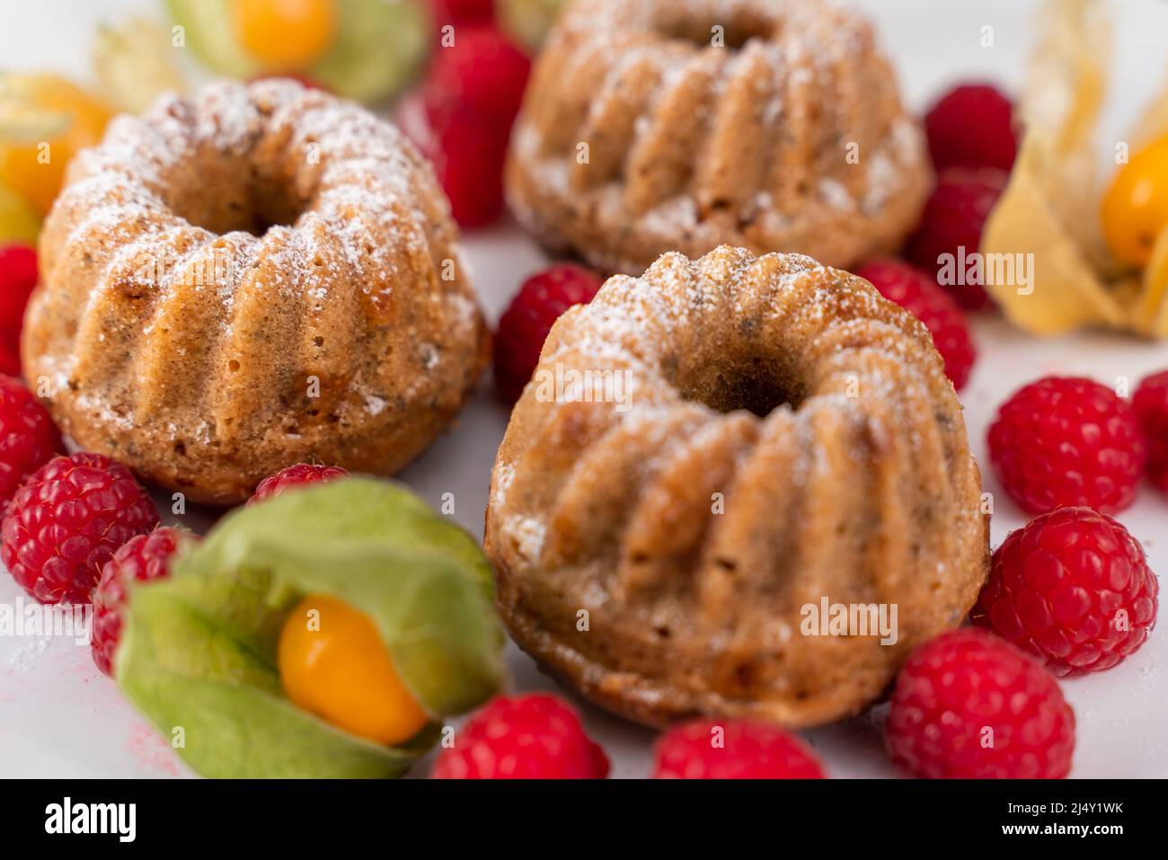 Délicieux gâteaux sucrés sur une assiette blanche avec du sucre sur le dessus, des framboises et des baies dorées en dessous. Bonbons faits maison pour en-cas ou petit-déjeuner. Nourriture. Banque D'Images