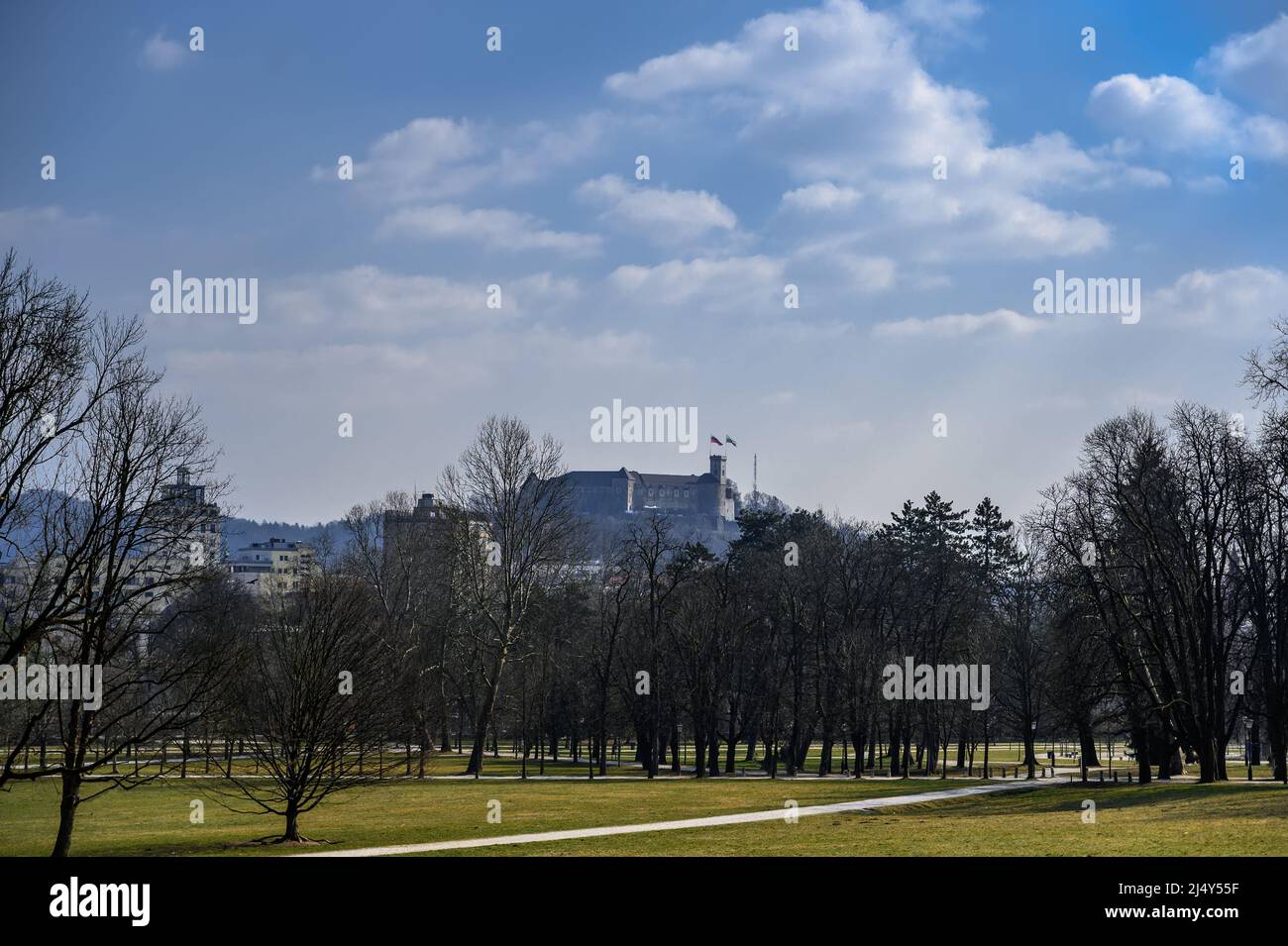 Arbres du parc Tivoli de Ljubljana avec le château en arrière-plan par une journée ensoleillée Banque D'Images