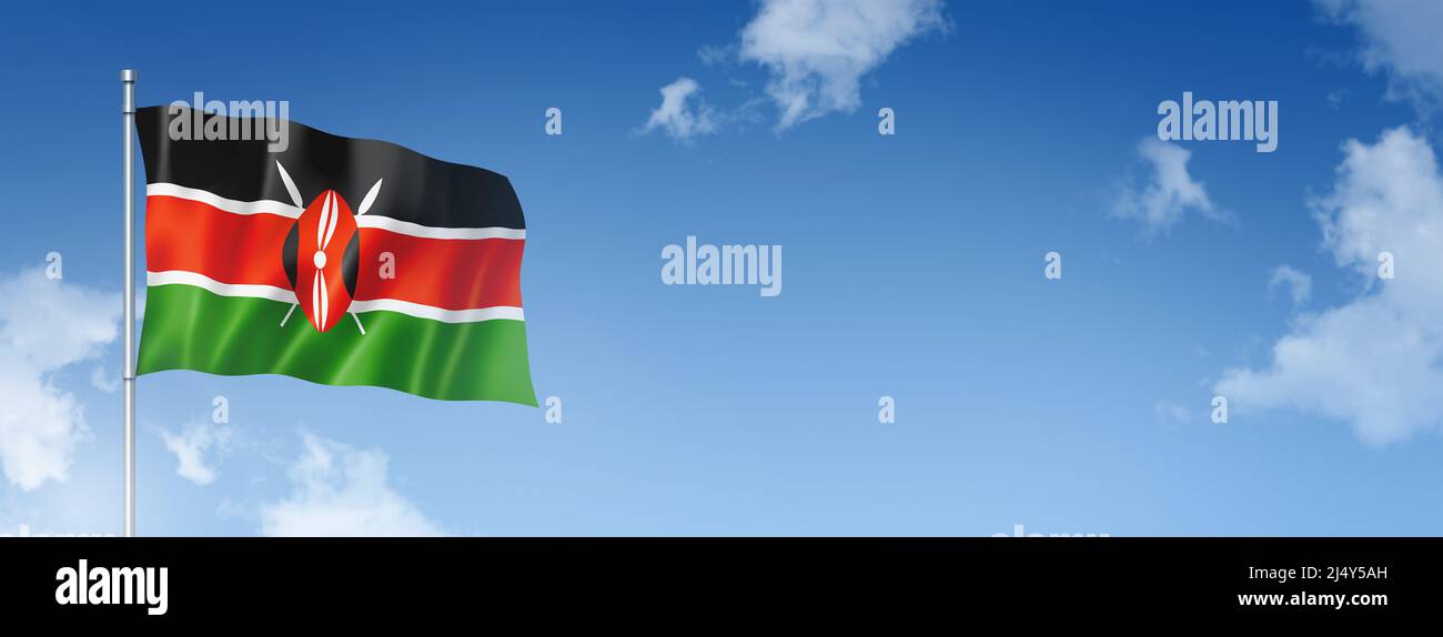 Drapeau du Kenya, rendu tridimensionnel, isolé sur un ciel bleu. Bannière horizontale. 3D illustration Banque D'Images