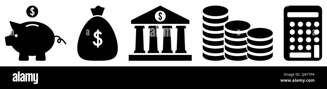 Ensemble d'icônes Finance. Banque de porc, moneybagg, pile de pièces de monnaie, annulateur et banque. Illustration vectorielle isolée sur fond blanc Illustration de Vecteur
