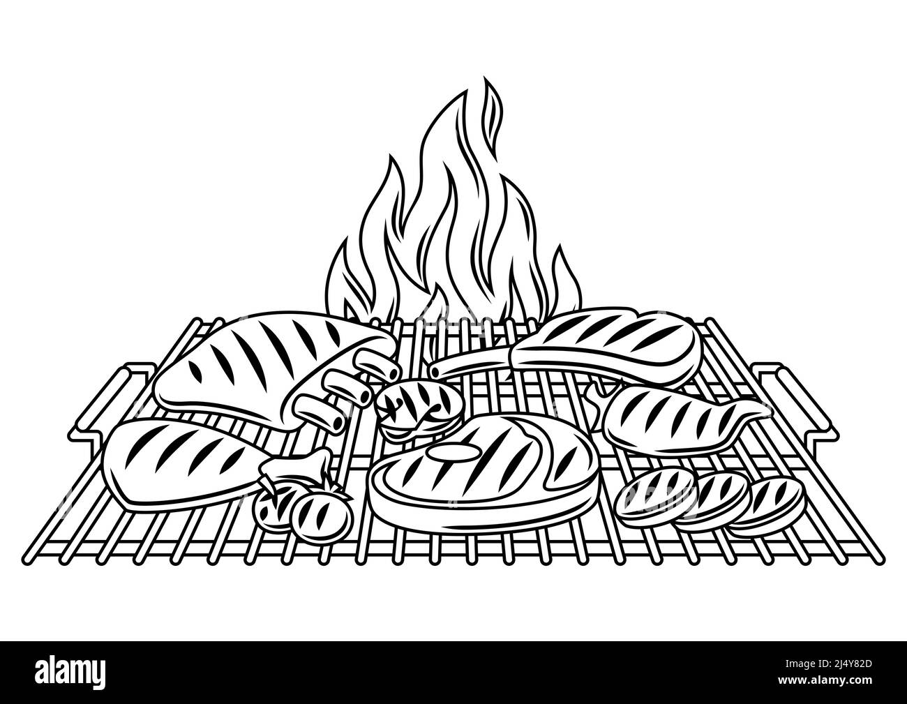 Illustration du barbecue avec objets et icônes du gril. Cuisine stylisée et menu du restaurant. Illustration de Vecteur