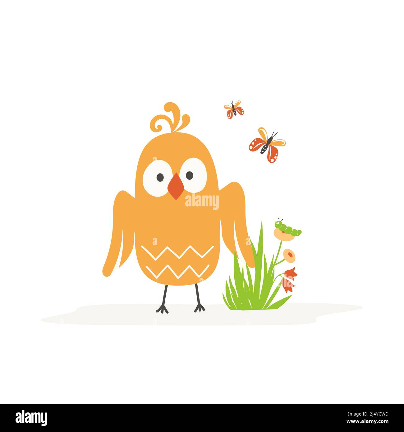 Oiseau de dessin animé avec un buisson d'herbe avec des fleurs sur un fond blanc. Illustration vectorielle. Illustration de Vecteur