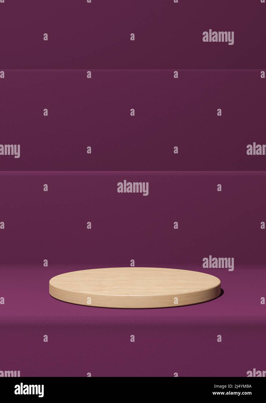 Magenta foncé, violet 3D rendant simple affichage de produit, fond minimal avec podium cylindre en bois sur les marches pour les produits de la nature Banque D'Images