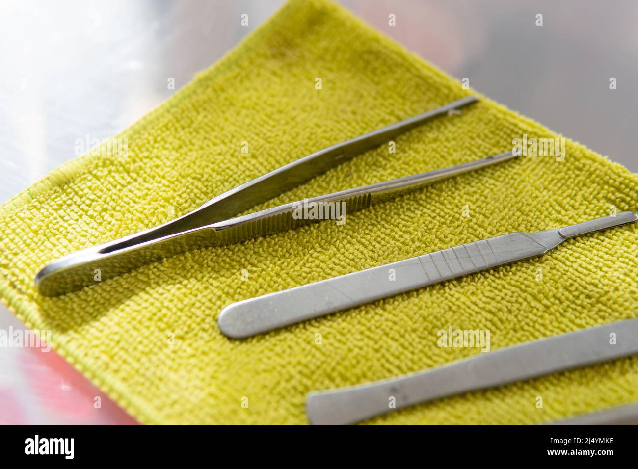 instrument médical en métal. Scalpels pointus et pinces à épiler à usage médical Banque D'Images