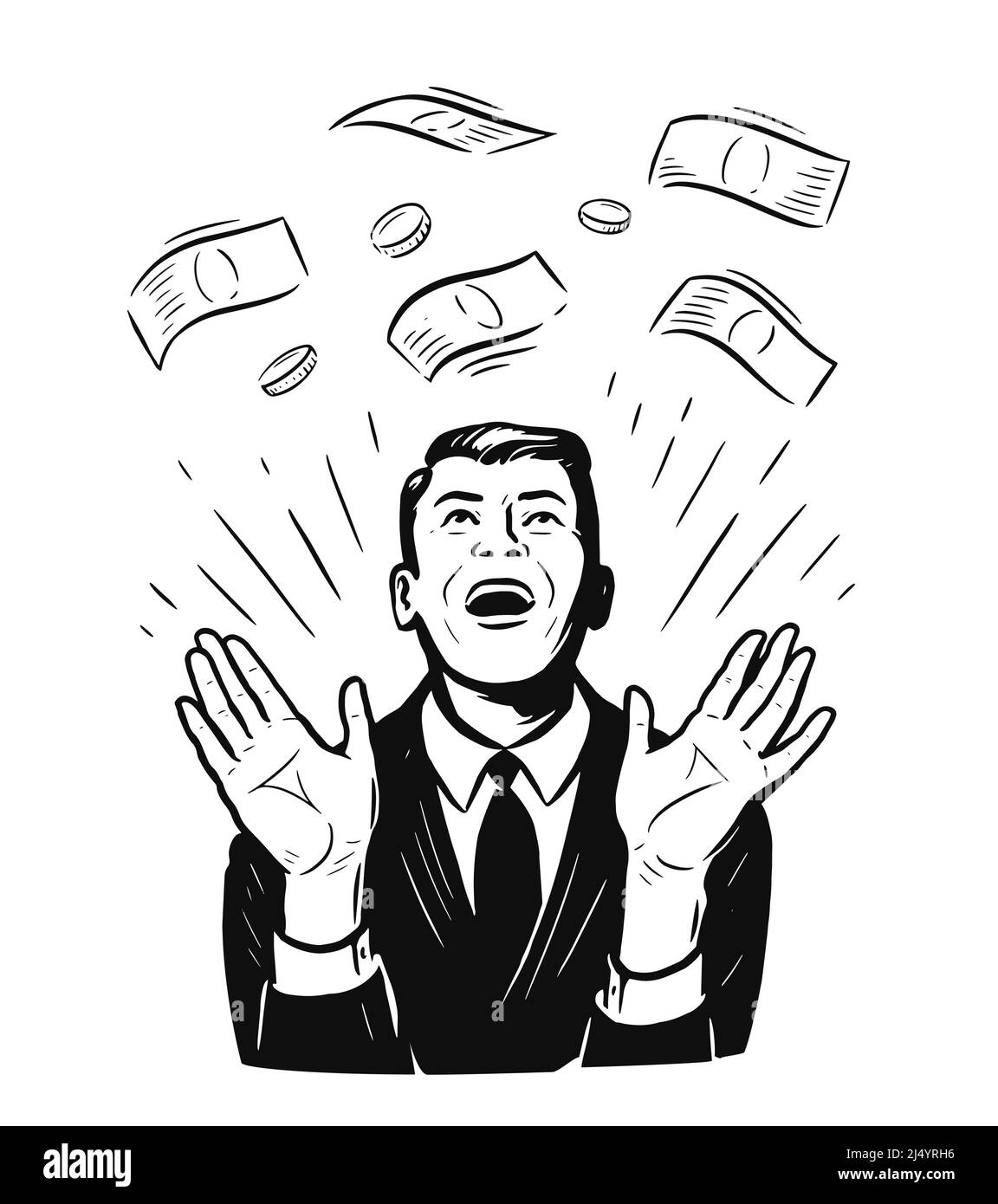 Un homme d'affaires prospère bénéficie de l'argent de pluie. Concept de réussite, de réalisation, de richesse Illustration de Vecteur