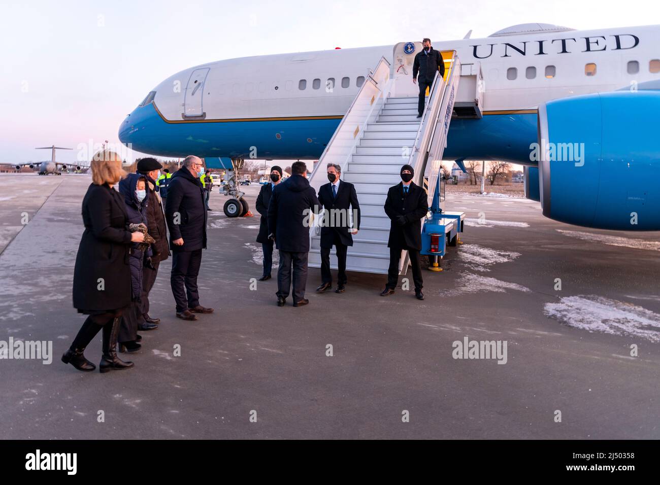 Le secrétaire d’État Antony J. Blinken arrive à Kiev, en Ukraine, le 19 janvier 2022. [Photo du département d'État par Ron Przysucha Banque D'Images