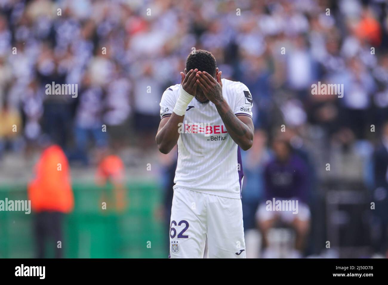 Bruxelles, Belgique. 18th avril 2022. Les gestes de Michael Murillo de Gent lors du match final de la coupe Croky 2022 entre KAA Gent et RSC Anderlecht, à Bruxelles, Belgique, le 18 avril 2022. Credit: Zheng Huansong/Xinhua/Alay Live News Banque D'Images