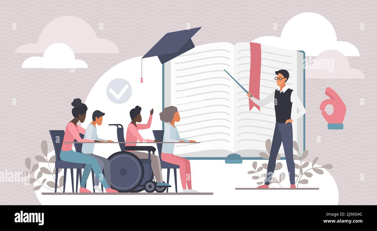 Éducation inclusive, compétence spéciale et pédalo. Petit tuteur avec pointeur enseignant divers groupes d'enfants d'école en classe, les gens dans le besoin adaptation sociale illustration de vecteur plat Illustration de Vecteur