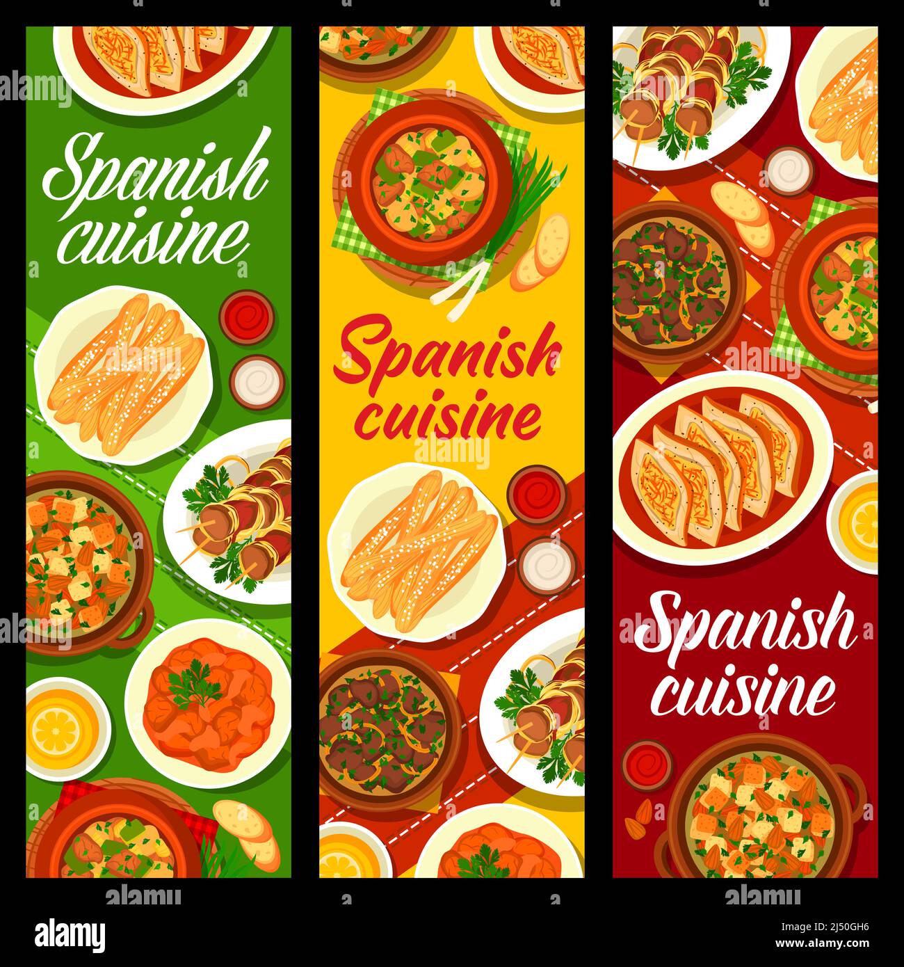 Banderoles de cuisine espagnole avec plats alimentaires, menu tapas pour le déjeuner et le dîner au restaurant espagnol, Vector. Churos traditionnels espagnols, soupe aux amandes de safran et ragoût de tomates de porc, repas de cuisine nationale Illustration de Vecteur