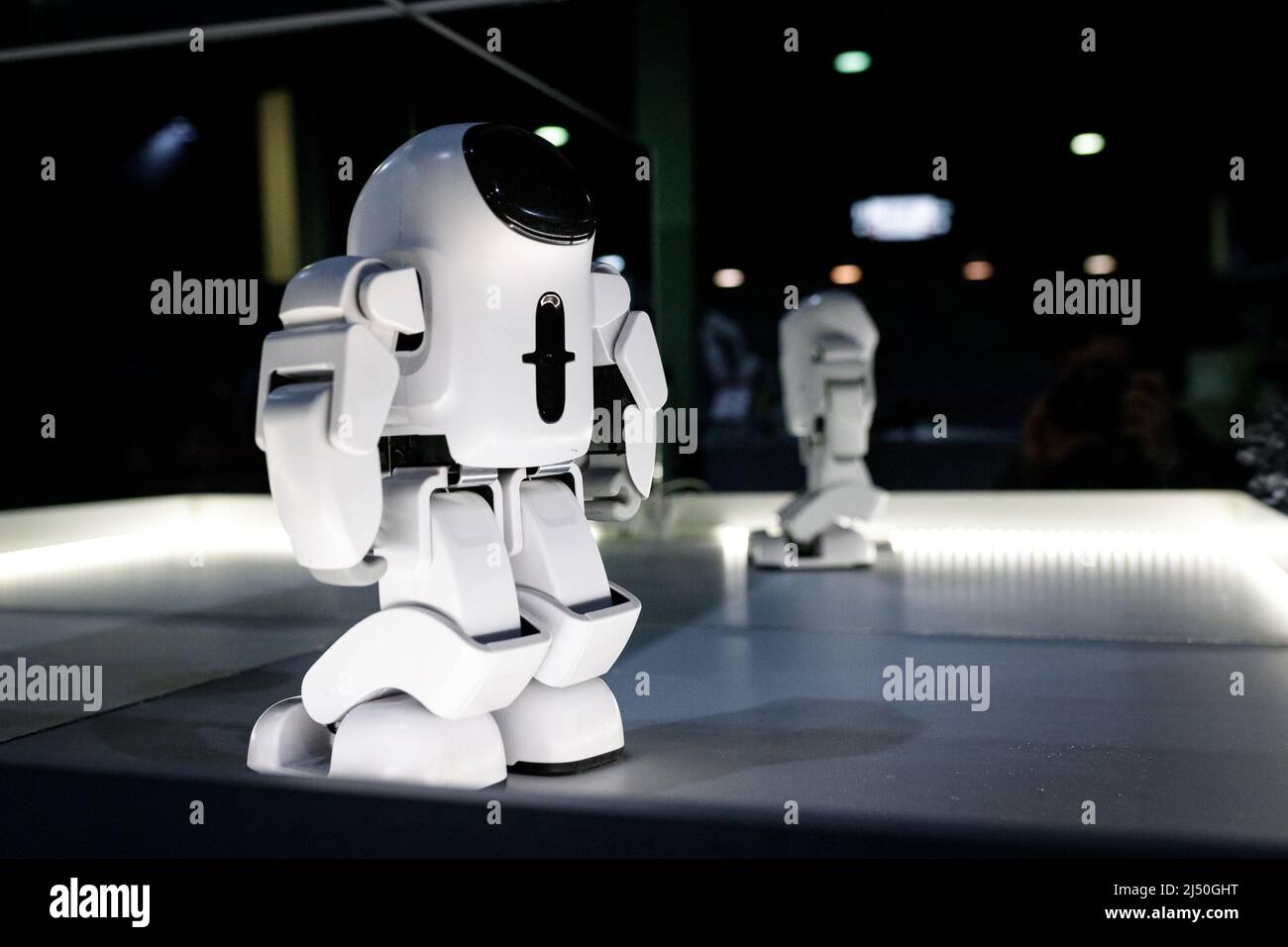 Robot humanoïde blanc au stand lumineux de l'exposition avec miroirs au festival du robot. Almaty, Kazakhstan - 19 février 2022 Banque D'Images