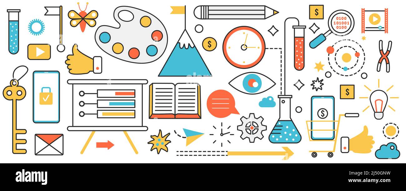 Outils et matériaux d'art pour le travail d'artiste en studio, en classe de maître ou en atelier. Palette artistique, planche de création et crayon pour créer des œuvres d'art dans la bannière de concept d'infographie, design d'art au trait fin Illustration de Vecteur