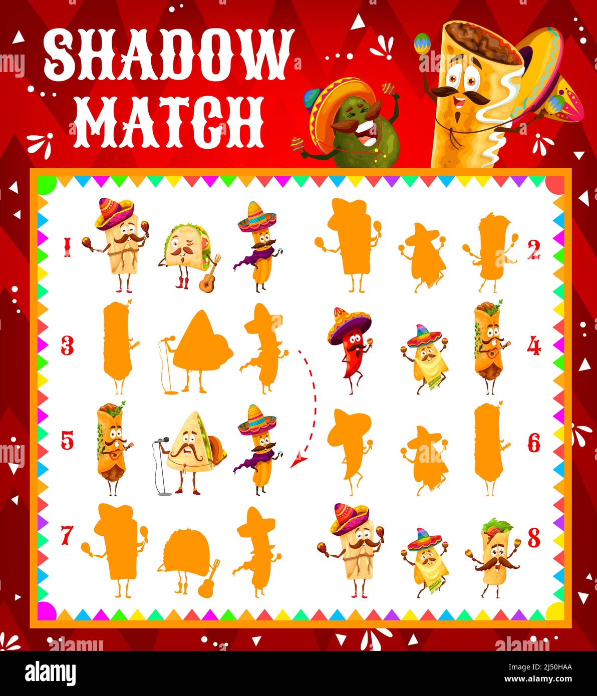 Shadow Match jeu pour enfants avec tacos mexicains de dessin animé, churos et quesadilla, burrito et nachos, jalapeno caractères. Les enfants trouvent des activités de jeu d'ombre, casse-tête d'enfants avec la nourriture mexicaine Illustration de Vecteur