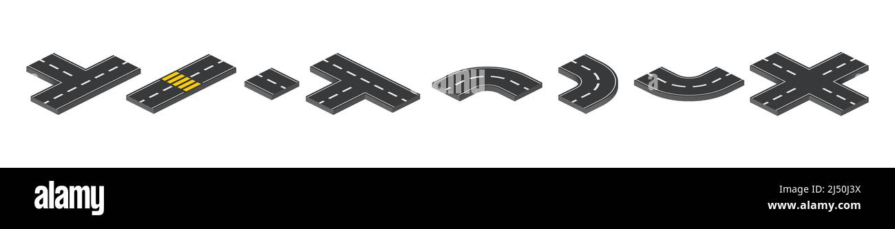 Éléments cartographiques isométriques de route, d'autoroute et de rue. Ensemble vectoriel de tuiles de terrain de jeu avec texture de chemin d'asphalte. Segments de route de jonction, de virage et d'intersection isolés sur fond blanc Illustration de Vecteur