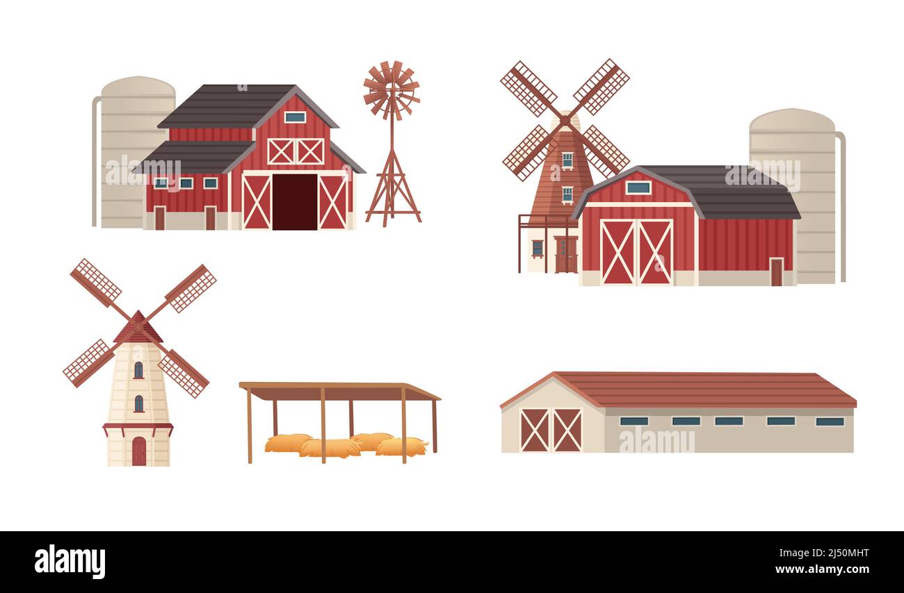 Ensemble de bâtiments ruraux grange maison de campagne moulin à vent illustration vectorielle sur fond blanc Illustration de Vecteur
