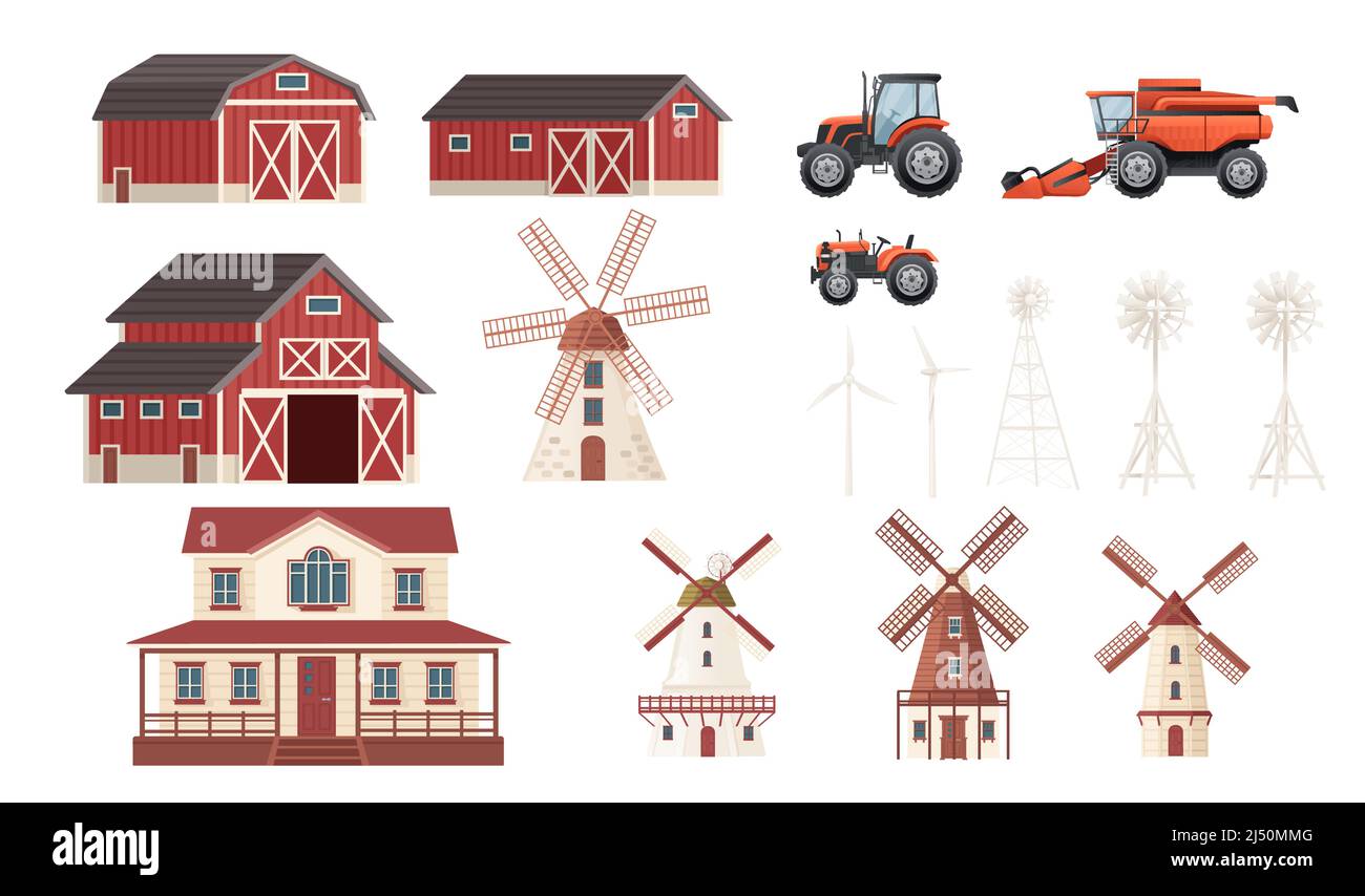 Ensemble de bâtiments ruraux avec tracteur de machines agricoles et moissonneuse-batteuse grange maison de campagne moulin à vent illustration vectorielle sur fond blanc Illustration de Vecteur