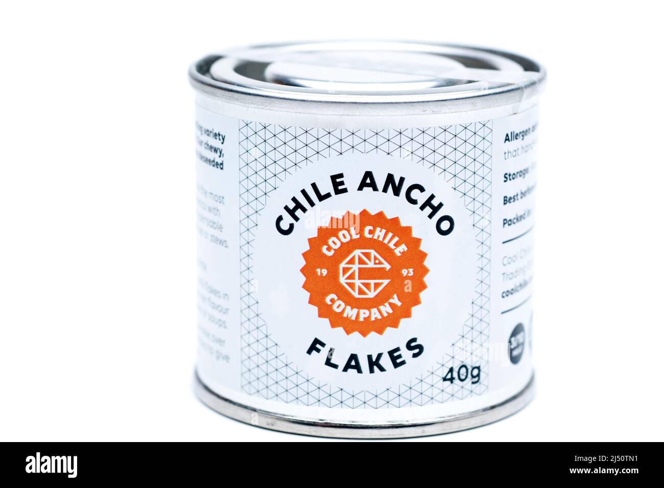 Boîte de 40 grammes de flocons d'ancho du Chili Banque D'Images