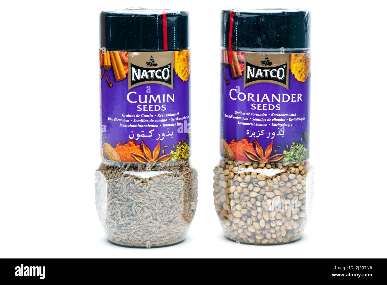 Deux contenants de graines de cumin de Natco et de Coriander Banque D'Images