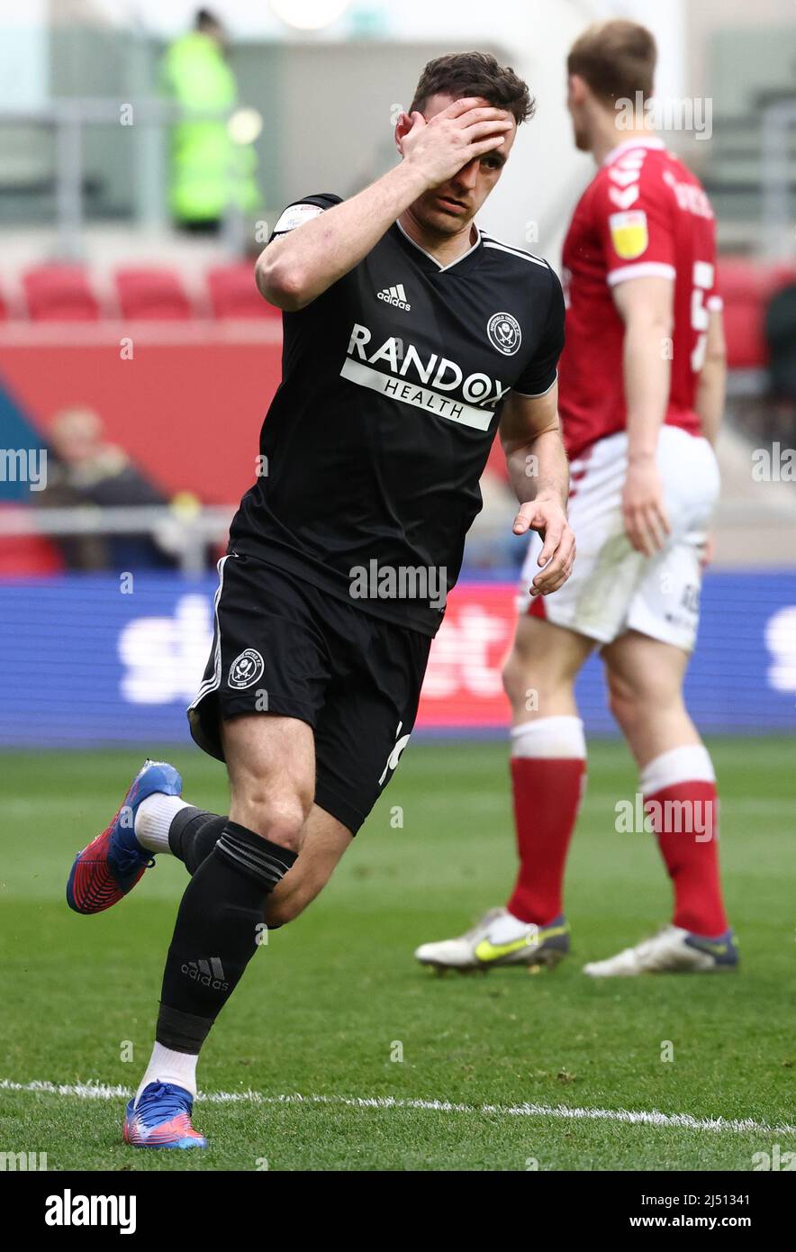 Bristol, Angleterre, le 18th avril 2022. Jack Robinson, de Sheffield Utd, réagit après une tête au but lors du match du championnat Sky Bet à Ashton Gate, Bristol. Le crédit photo doit être lu : Darren Staples / Sportimage Banque D'Images