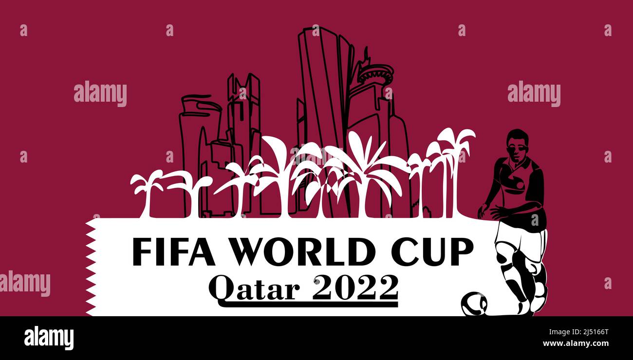 Coupe du monde au Qatar en 2022 bannière. Illustration moderne et stylisée Vector isolée de la capitale Doha avec symbole, couleurs et drapeau Illustration de Vecteur