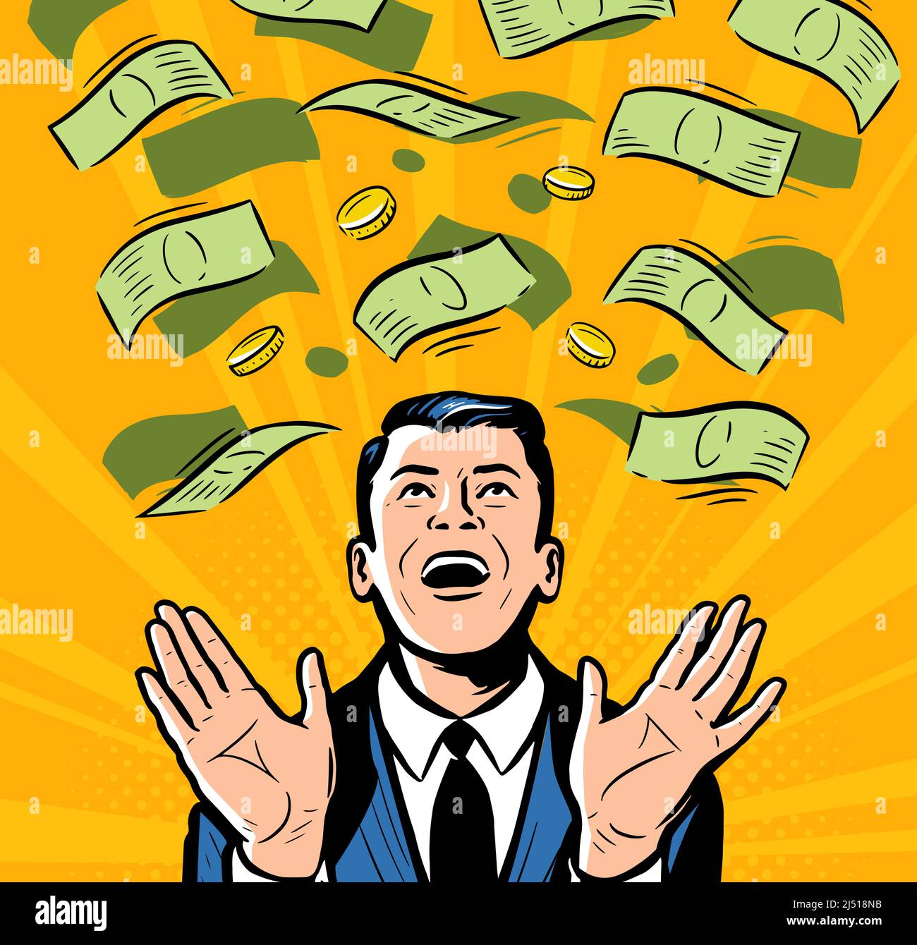 Homme d'affaires heureux avec des billets de dollars lui tombant. Illustration du vecteur de bénéfices, succès financier, concept monétaire Illustration de Vecteur