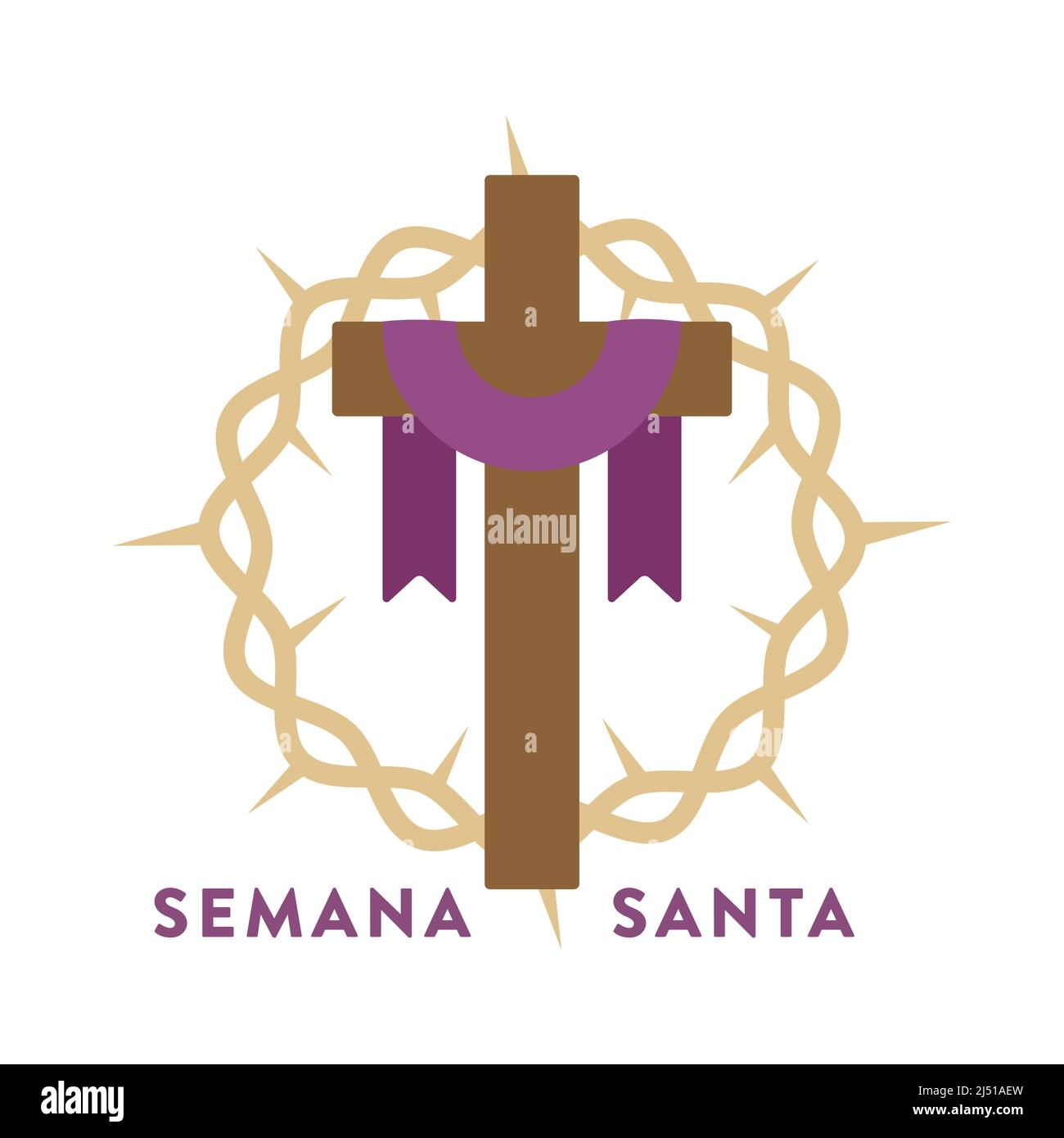 Croix chrétienne avec tissu violet et couronne d'épines. Semaine Sainte en espagnol. Santa Semana. Illustration vectorielle, conception plate Illustration de Vecteur
