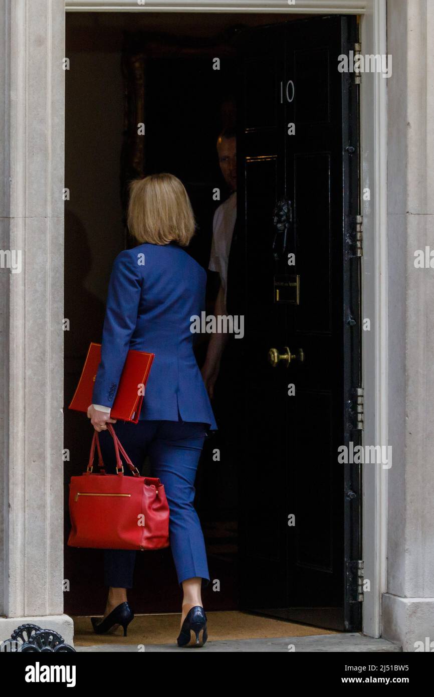 Downing St. London, Royaume-Uni. 19th avril 2022.le député de Liz Truss, secrétaire d'État aux Affaires étrangères, du Commonwealth et du développement; ministre des femmes et des équidés arrivant à Downing Street pour assister à la réunion du Cabinet au numéro 10. Chris Aubrey/Alamy Live News Banque D'Images