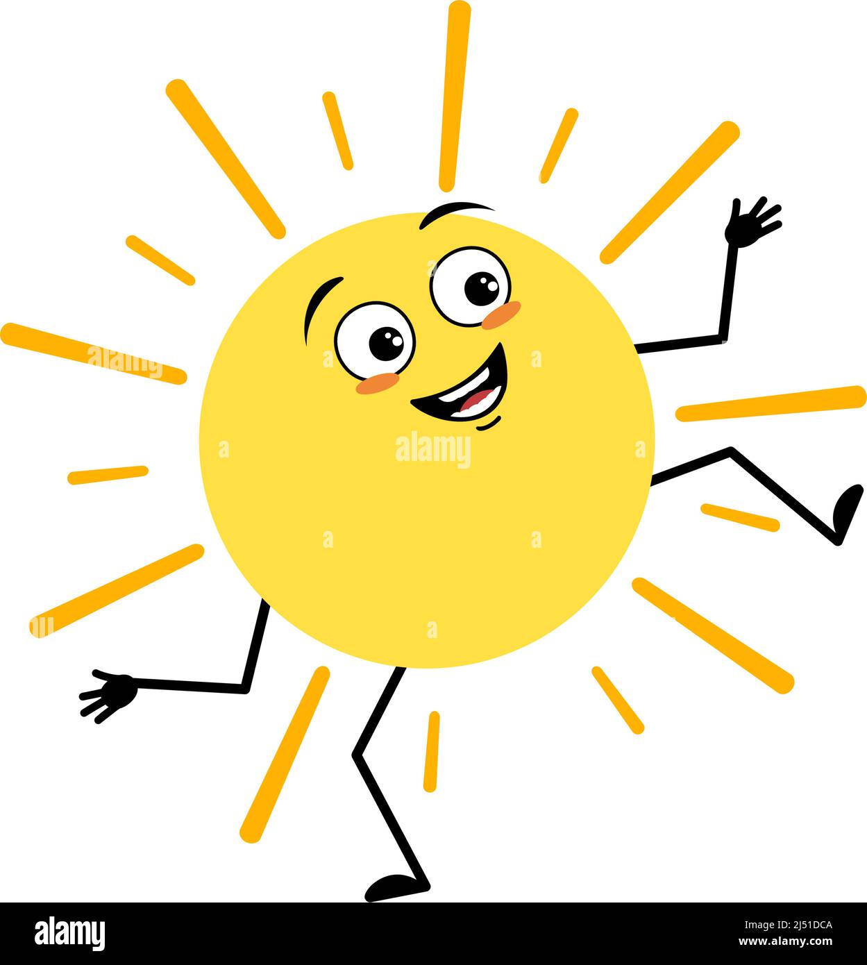 Adorable personnage ensoleillé avec une émotion heureuse, un visage joyeux, des yeux souriants, des bras et des jambes. Personne avec expression drôle et pose. Illustration vectorielle plate Illustration de Vecteur