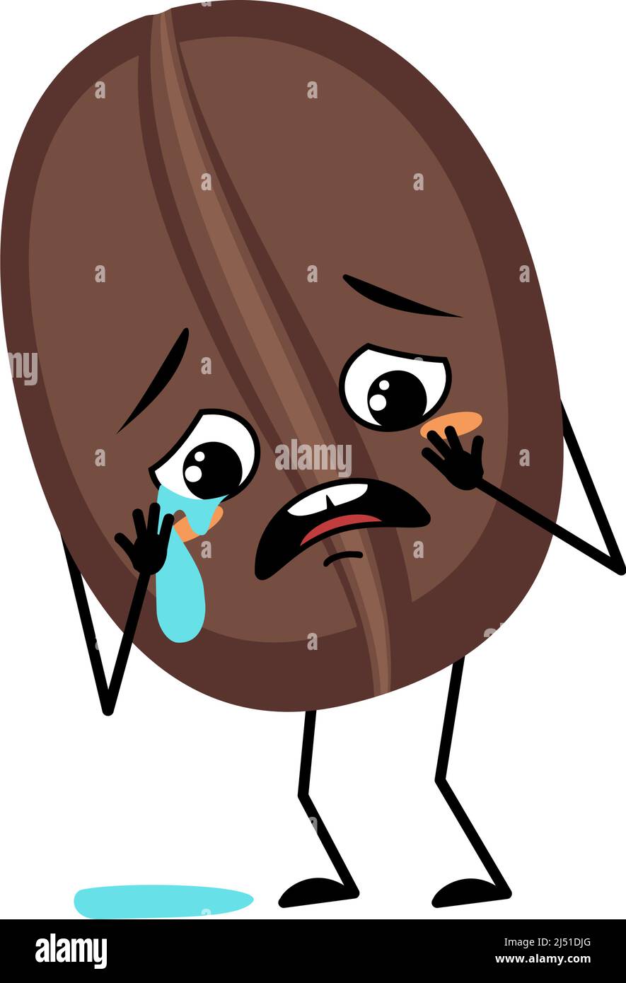 Caractère de grain de café avec des pleurs et des larmes, émotion, visage triste, yeux dépressifs, bras et jambes. Personne de nourriture avec expression mélancolie et pose. Illustration vectorielle plate Illustration de Vecteur