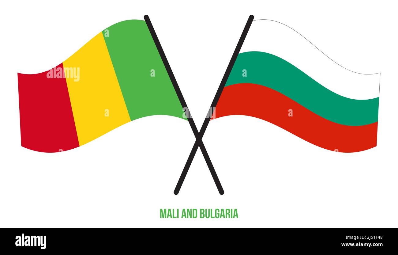 Mali et Bulgarie drapeaux croisés et ondulant le style plat. Proportion officielle. Corriger les couleurs. Banque D'Images