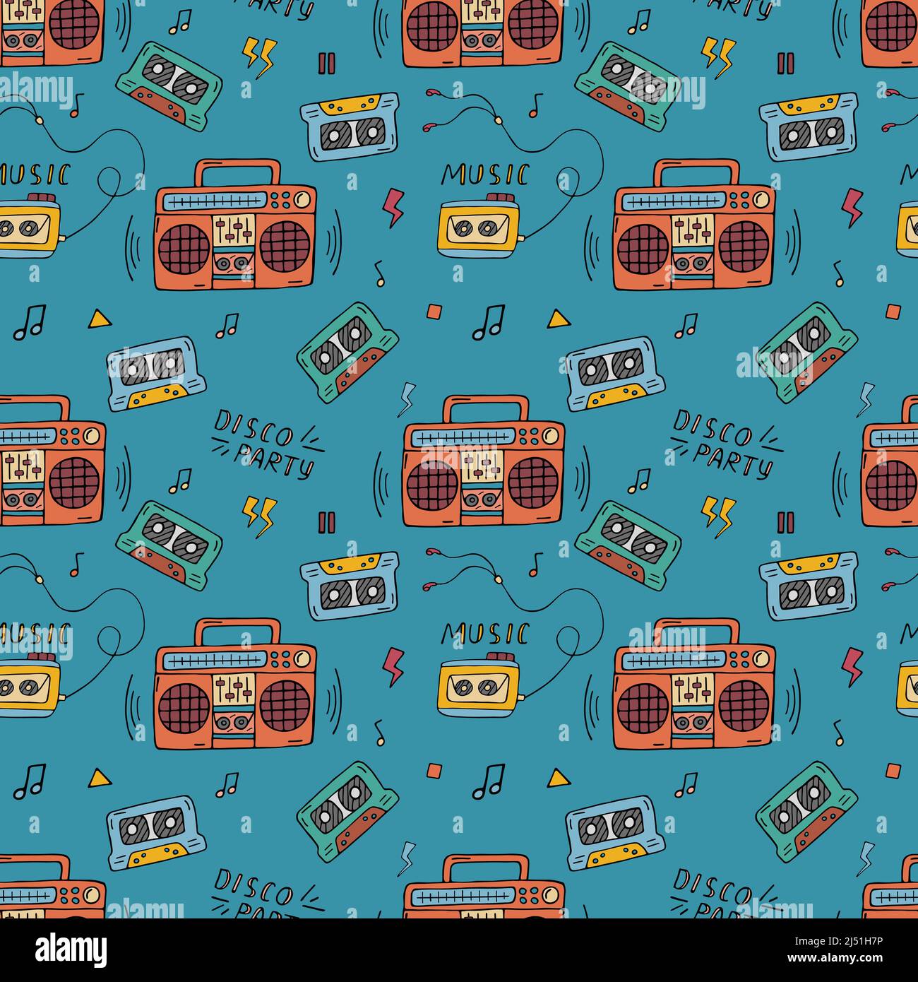 Motif style rétro. 90s soirée disco fond sans couture. Motif vintage tendance avec boombox, cassettes audio et lecteur de walkman. Illustration de Vecteur