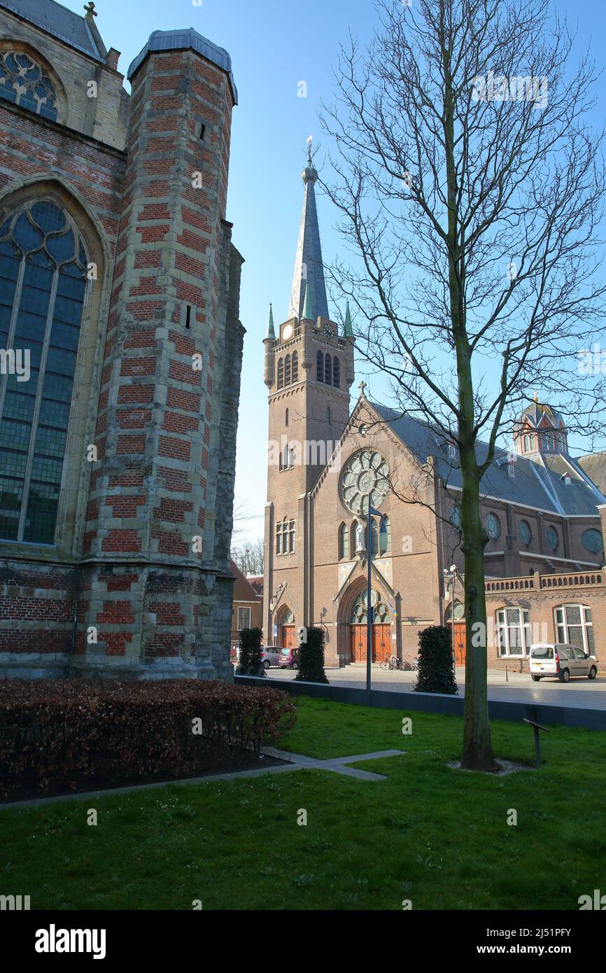 Église catholique Sainte Maria Magdalena à Goes, Zélande, pays-Bas, avec Grote de Maria Magdalenakerk en premier plan Banque D'Images