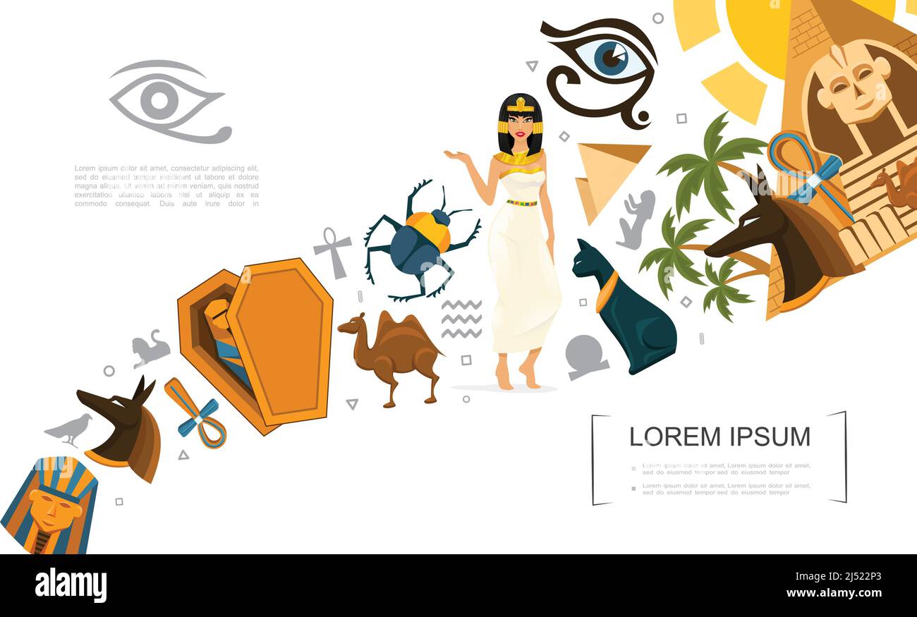 Concept de symboles Égypte plate avec chat égyptien à dos de chameau en croix ankh scarabée le scarabée Anubis Dieu pharaon masque les pyramides de l'œil de Horus sphinx Vecteur de paumes Cleopatra Illustration de Vecteur