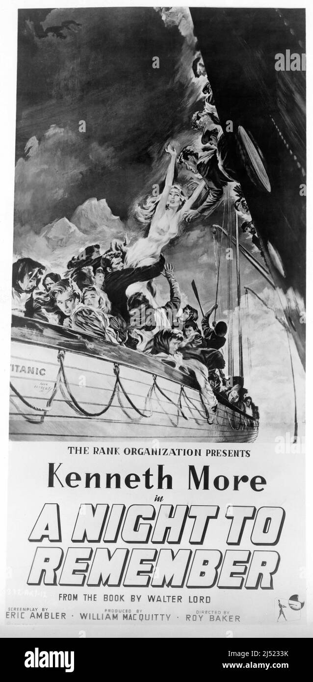 US 3 feuille affiche maquette pour KENNETH PLUS dans UNE NUIT POUR SE SOUVENIR 1958 réalisateur ROY WARD BAKER livre Walter Lord scénario Eric Ambler musique William Alwyn producteur William MacQuitty The Rank Organisation Banque D'Images