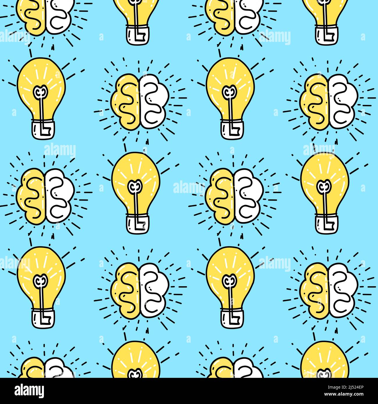 Motif sans couture avec une illustration d'une lampe et d'un cerveau comme symbole d'une bonne idée dans un style de caniche bleu et jaune Illustration de Vecteur