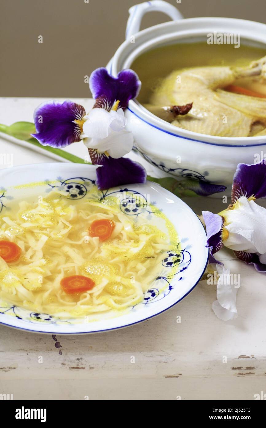 Bouillon traditionnel (soupe de poulet) avec nouilles. Plat de fête Banque D'Images