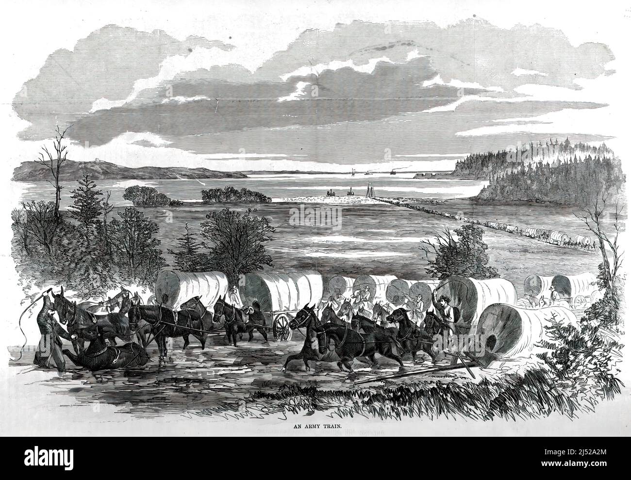 Un train militaire de wagons couverts dans la guerre de Sécession américaine, gravure du 19th siècle Banque D'Images