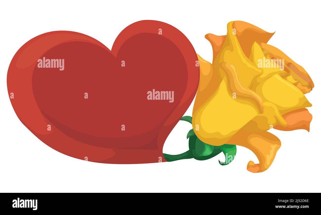 Vue sur la rose jaune unie à un coeur rouge. Design de style dessin animé, isolé sur fond blanc. Illustration de Vecteur