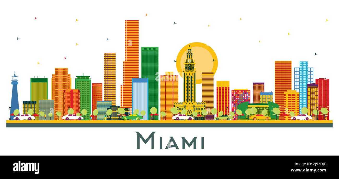 Miami Florida City Skyline avec bâtiments couleur isolés sur blanc. Illustration vectorielle. Voyages d'affaires et tourisme concept avec architecture moderne. Illustration de Vecteur