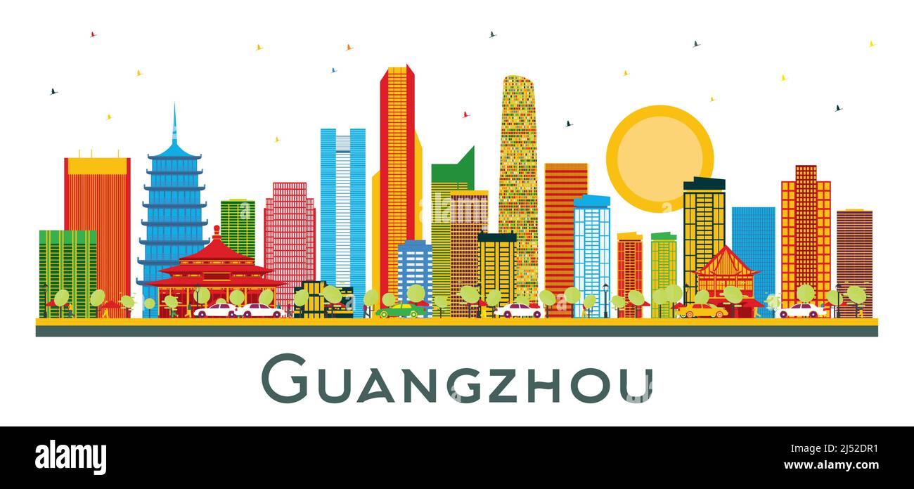 Vue panoramique de Guangzhou China City avec bâtiments couleur isolés sur blanc. Illustration vectorielle. Voyages d'affaires et tourisme concept avec architecture moderne Illustration de Vecteur