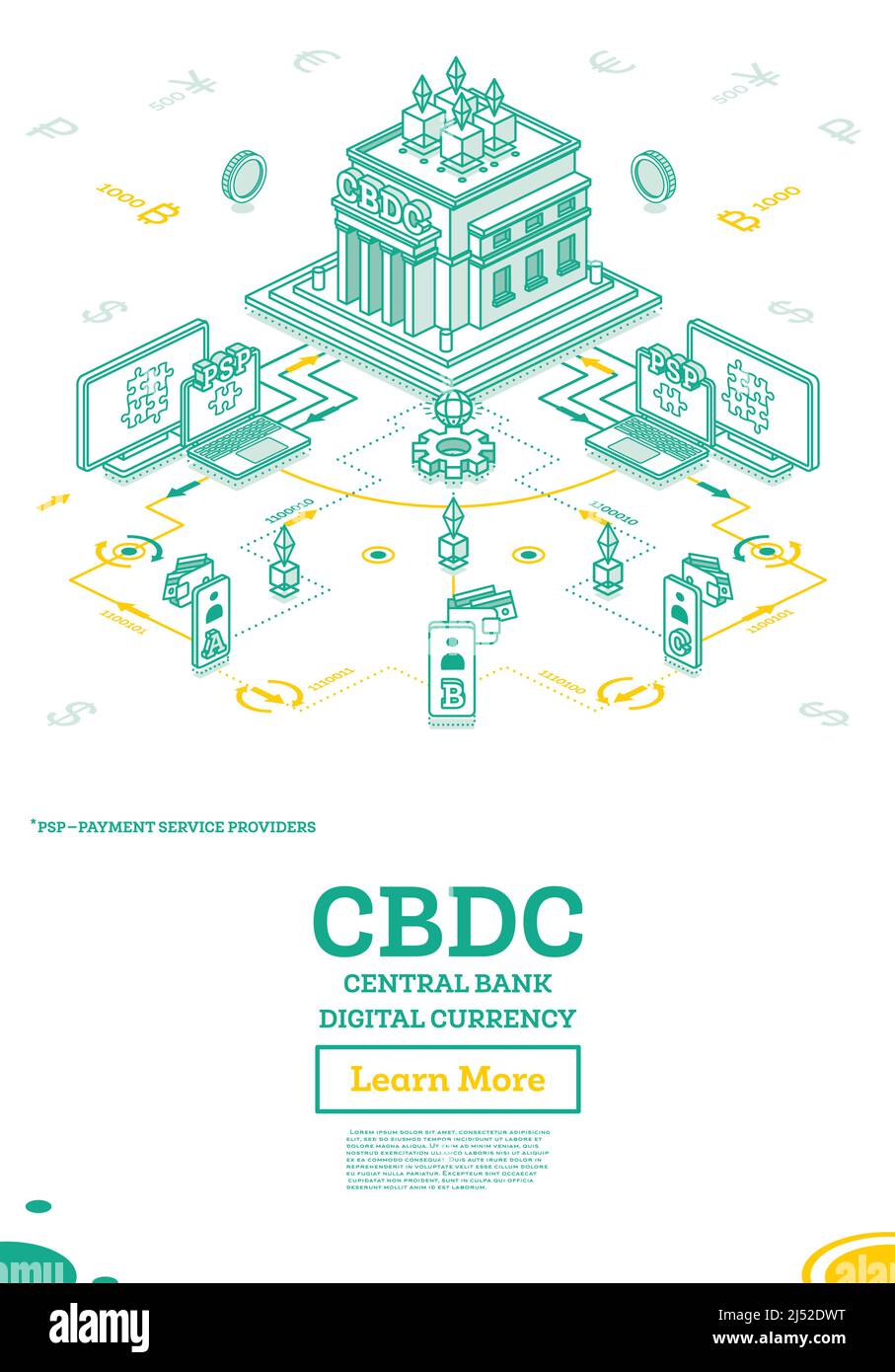 Banque centrale monnaie numérique ou CBDC. Concept financier isométrique avec schéma d'interaction entre la Banque centrale et les fournisseurs de services de paiement. Illustration de Vecteur