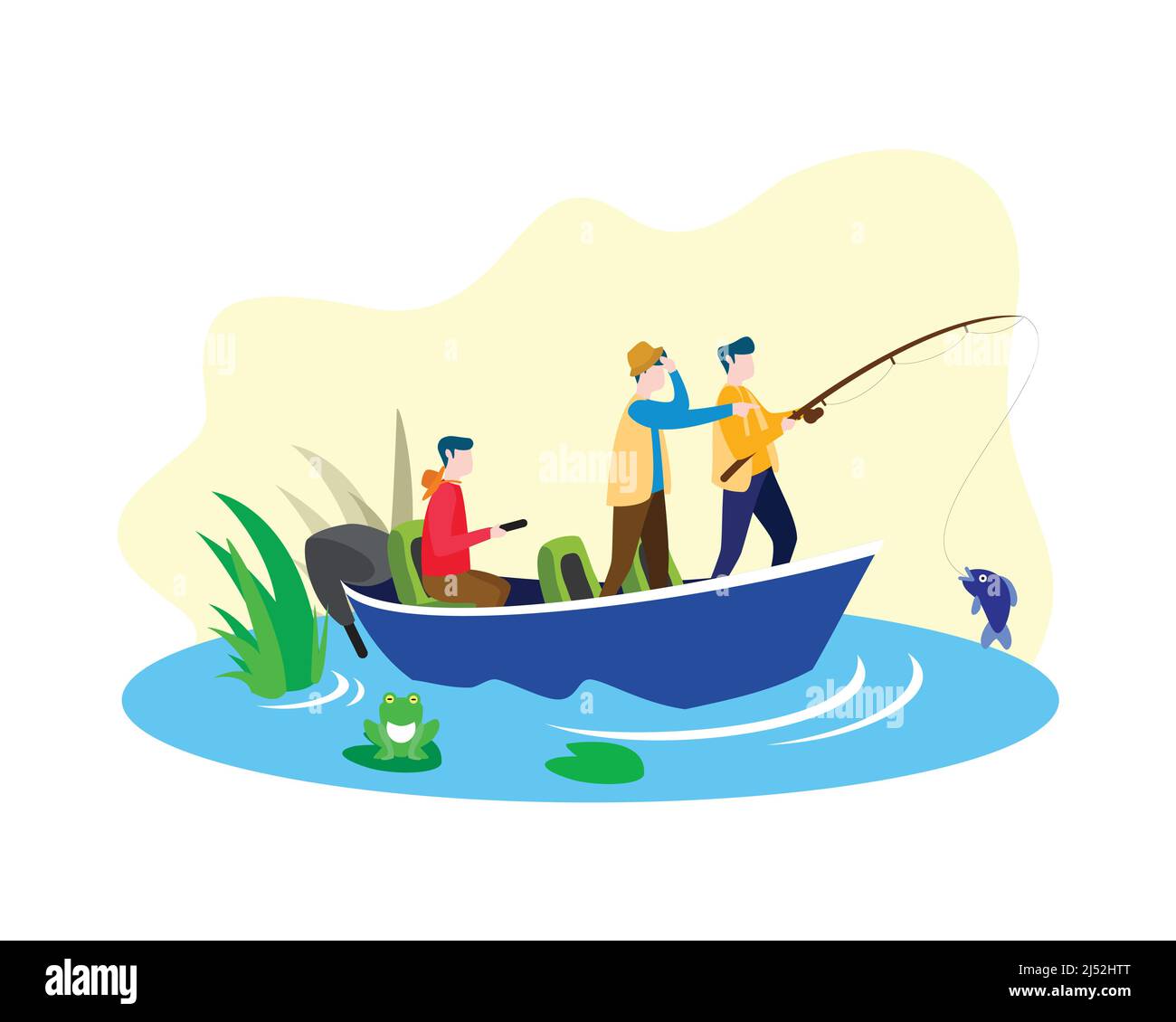 Pêche ensemble sur le bateau à la rivière ou au marais et capture de poissons Illustration Vector Illustration de Vecteur
