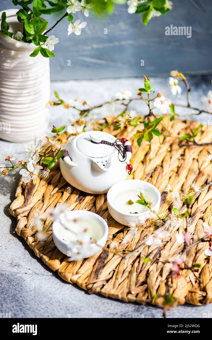 Théière asiatique et tasses avec thé vert et branches en cerisier Banque D'Images