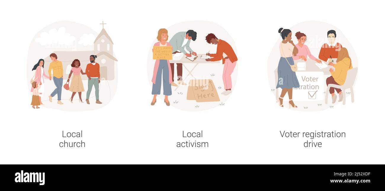 Jeu d'illustrations vectorielles de dessins animés isolées de la vie sociale de quartier. Des familles heureuses allant à l'église, la messe du dimanche, l'activisme communautaire, l'entraînement d'inscription des électeurs, collectent des signatures vector caricature. Illustration de Vecteur
