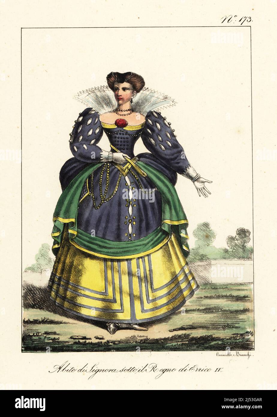 Costume d'une nobléwoman sous le règne du roi Henri IV de France. En robe avec col en dentelle droit, manches écrasées, corsage et jupes farthingales. Costume de Dame sous la Regne de Henry IV Lithographie de couleur main par Lorenzo Bianchi et Domenico Cuciniello d'après Hippolyte Lecomte de Costuci civili e militari della monarchia francese dal 1200 al 1820, Naples, 1825. Édition italienne des costumes civils et militaires de Lecomte de la monarchie française de 1200 à 1820. Banque D'Images