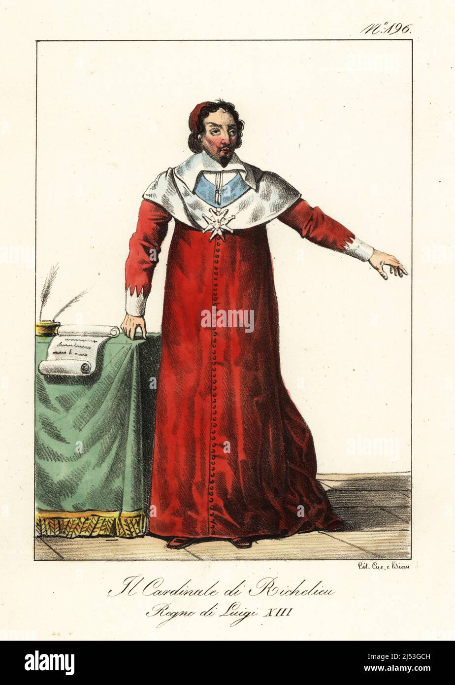 Armand Jean du Plessis, Cardinal Richelieu, 1585-1642. Religieux et homme d'État français, l'Éminence rouge, règne du roi Louis XIII Dans une casserole cramoisi avec col et poignets blancs. Le Cardinal de Richelieu. Regne de Louis XIII Lithographie de couleur main par Lorenzo Bianchi et Domenico Cuciniello d'après Hippolyte Lecomte de Costuci civili e militari della monarchia francese dal 1200 al 1820, Naples, 1825. Édition italienne des costumes civils et militaires de Lecomte de la monarchie française de 1200 à 1820. Banque D'Images