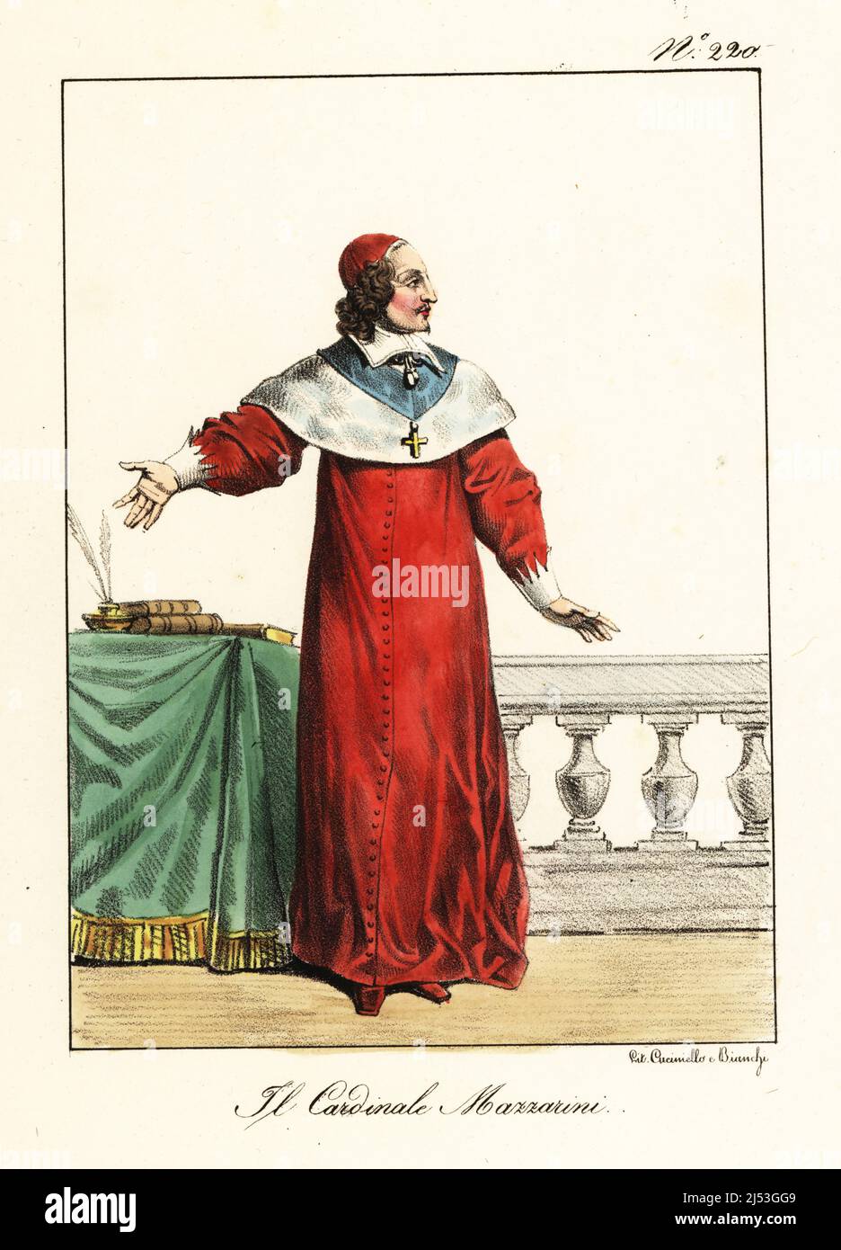 Le cardinal Jules Mazarin, 1602-1661, cardinal italien, diplomate et politicien qui a servi de ministre en chef aux rois de France. En casquette et robe rouge à cramoisi, avec livres et stylo à douille sur la table. Le Cardinal Mazarin. Lithographie de couleur main par Lorenzo Bianchi et Domenico Cuciniello d'après Hippolyte Lecomte de Costuci civili e militari della monarchia francese dal 1200 al 1820, Naples, 1825. Édition italienne des costumes civils et militaires de Lecomte de la monarchie française de 1200 à 1820. Banque D'Images