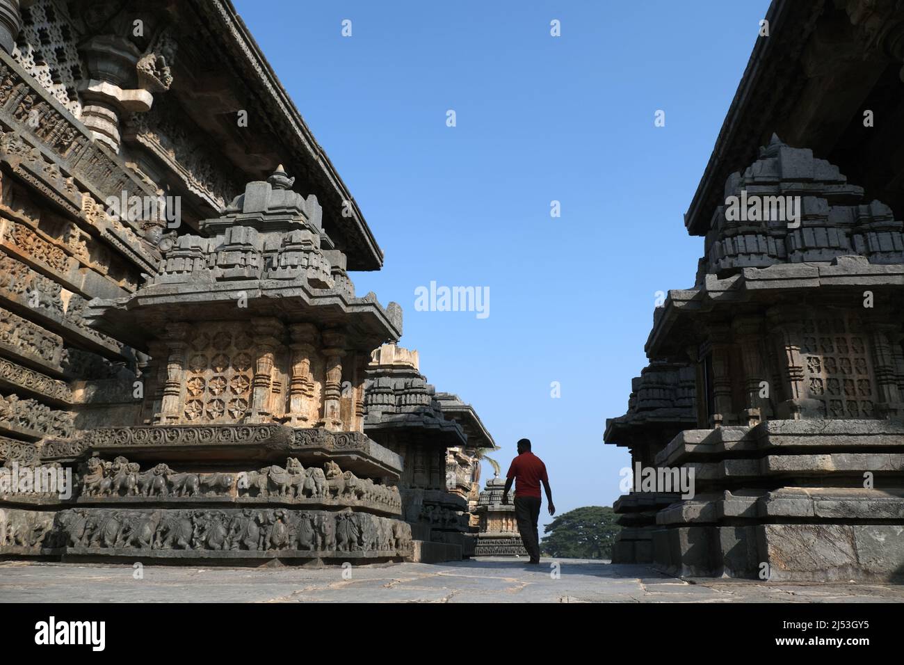 Ancien temple Hoysaleswara Hindou complexe à Halebidu, développé sous la domination de l'empire Hoysala entre les 11th et 14th siècles. Banque D'Images