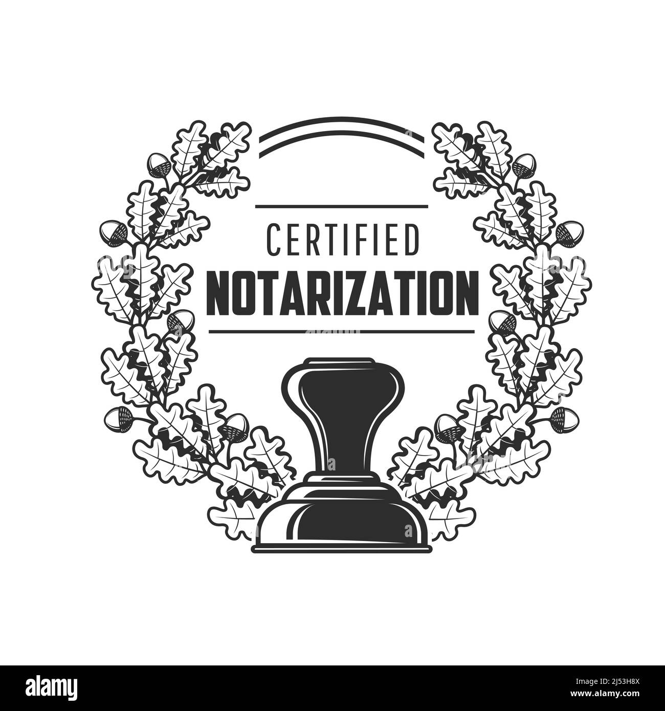 Icône rétro du service de notarisation avec joint et couronne de feuilles de chêne. Notaire, avocat ou cabinet d'avocats ou société, étiquette de cabinet juridique, emblème vectoriel monochrome, icône rétro avec symboles de justice et de loi Illustration de Vecteur